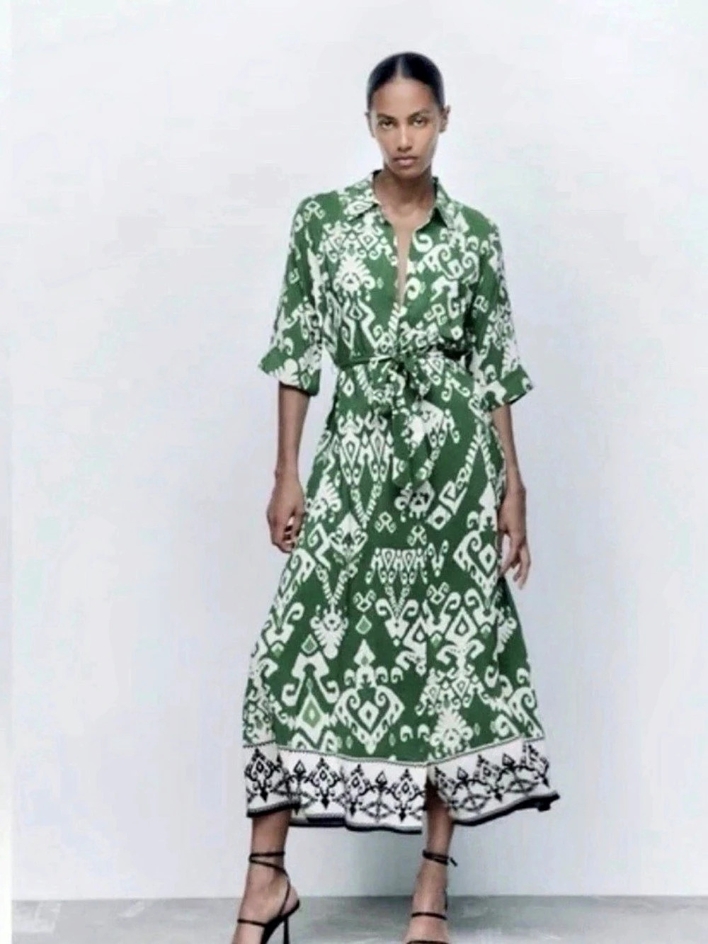 Zara The Allison Green Printed Maxi Belted Tribal Print Dress, Size M